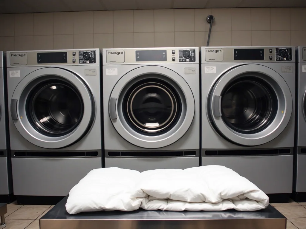 Three of the largest front load machines head on, with a thick white comforter folded on the stainless table in front of them for scale.