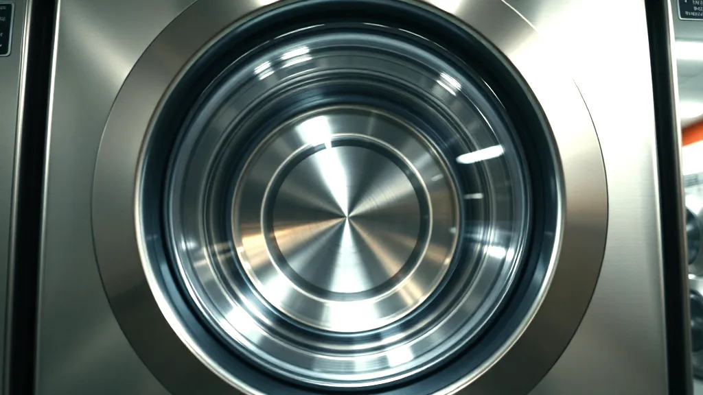 Close crop of the round glass door of a large commercial front load washing machine, the stainless drum lit behind the glass.