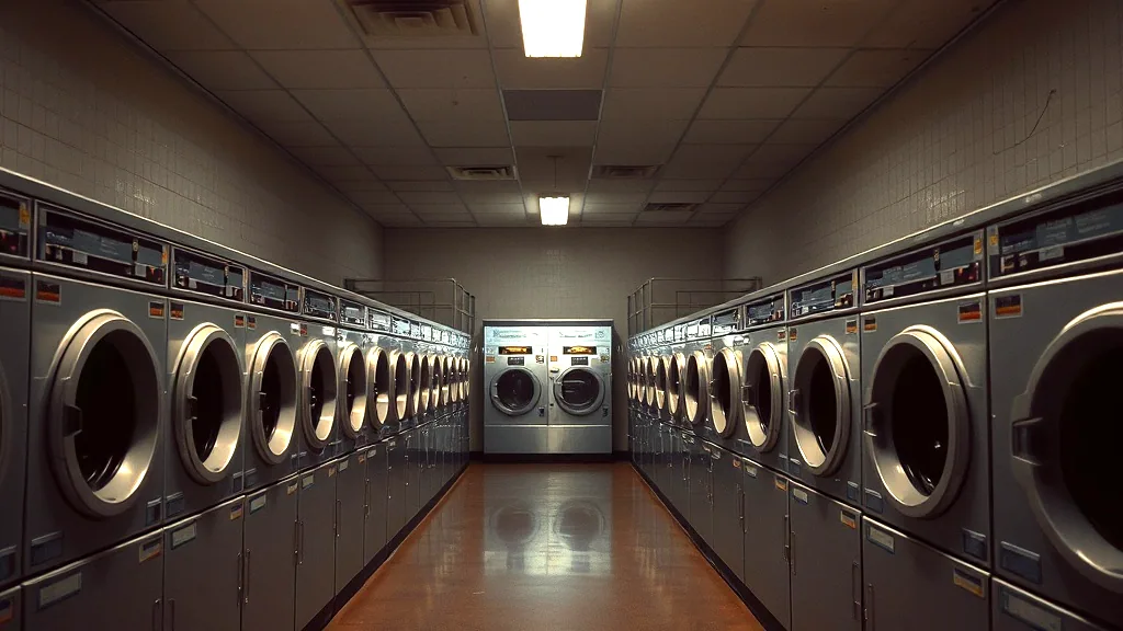 The inside of a coin laundry at night, two long rows of washers and stacked dryers facing each other down an empty aisle under the ceiling lights.