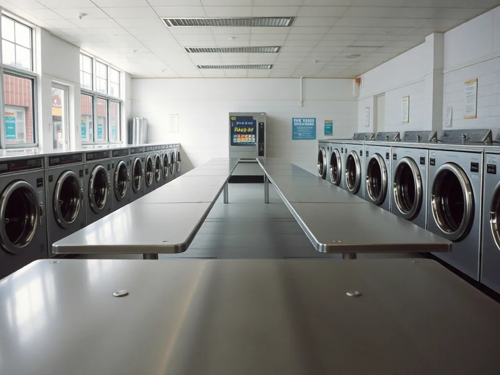 Long stainless folding tables running down the middle of the laundry in daylight, clean and empty, a vending machine at the far end.