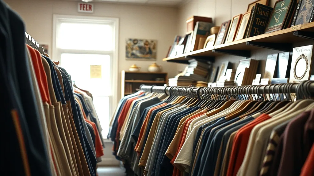 A crowded rack of donated clothing in the thrift store, shelves of second hand books and kitchen things beyond it, bright front window at the end.